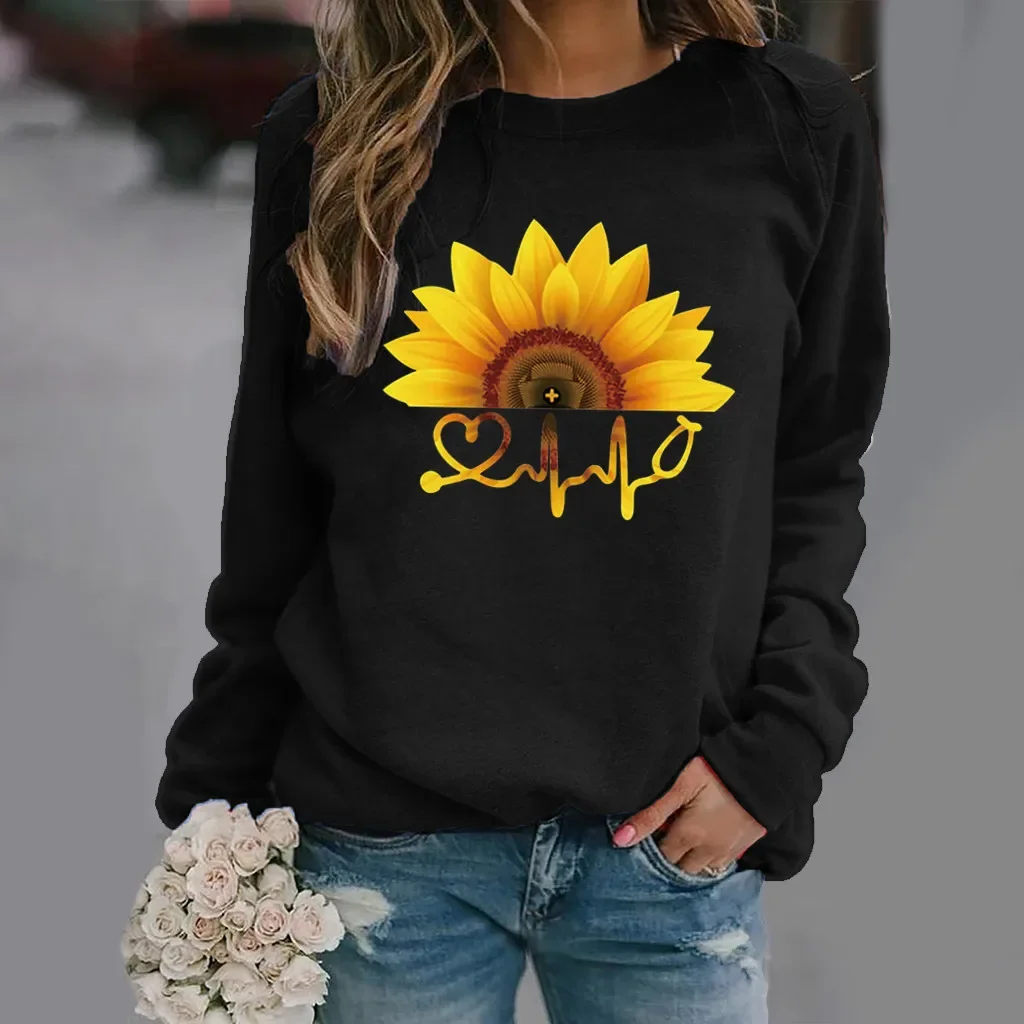 

Sunflower Print Long Sleeve Crew-neck Hoodie Woman Harajuku Clothes Streetwear Women Sweatshirts Sweatshirt