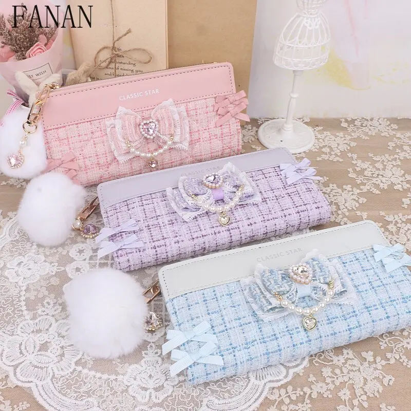 Lolita Japanese Style Girls Wallets Handmade Pearl Beaded Sweet Elegant Bowknot Pom-pom Charm Long/horizontal Wallet for Women