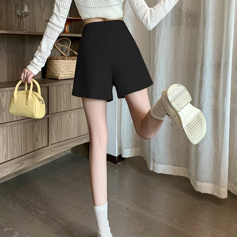 팝 카키 더블 버클 캐주얼 와이드 레그 반바지 여성용 하이 웨스트 정장 패브릭 여름 숙녀 짧은 바지