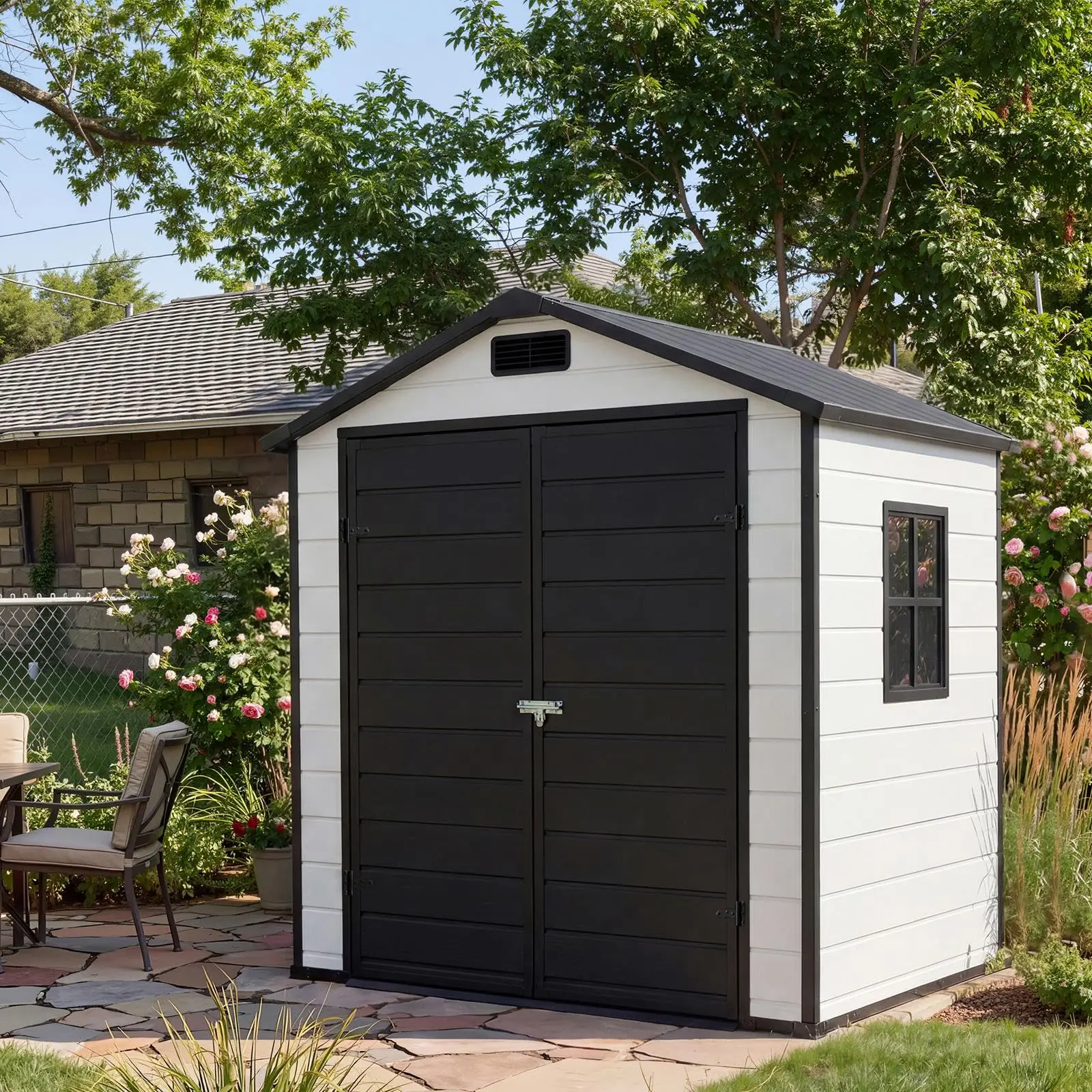 6x4 FT Resin Outdoor Storage Shed, Double Wall Waterproof Lockable Garden Tool Shed With Window, Double Doors For Bike Lawn Mower Patio