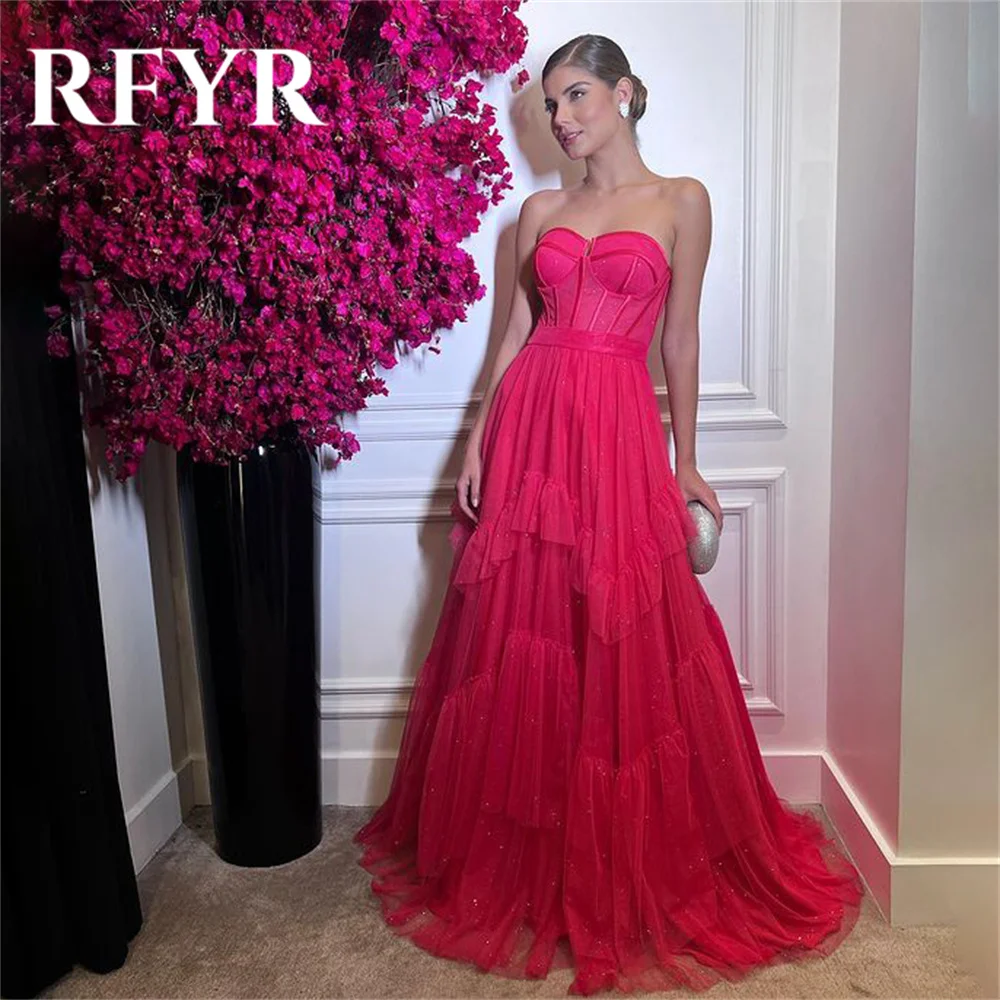 RFYR A Line Pink Long Party Dress Sweetheart Neck Vintage Night Dress Tiered Pleat Charming Celebrity Dress vestidos de fiesta