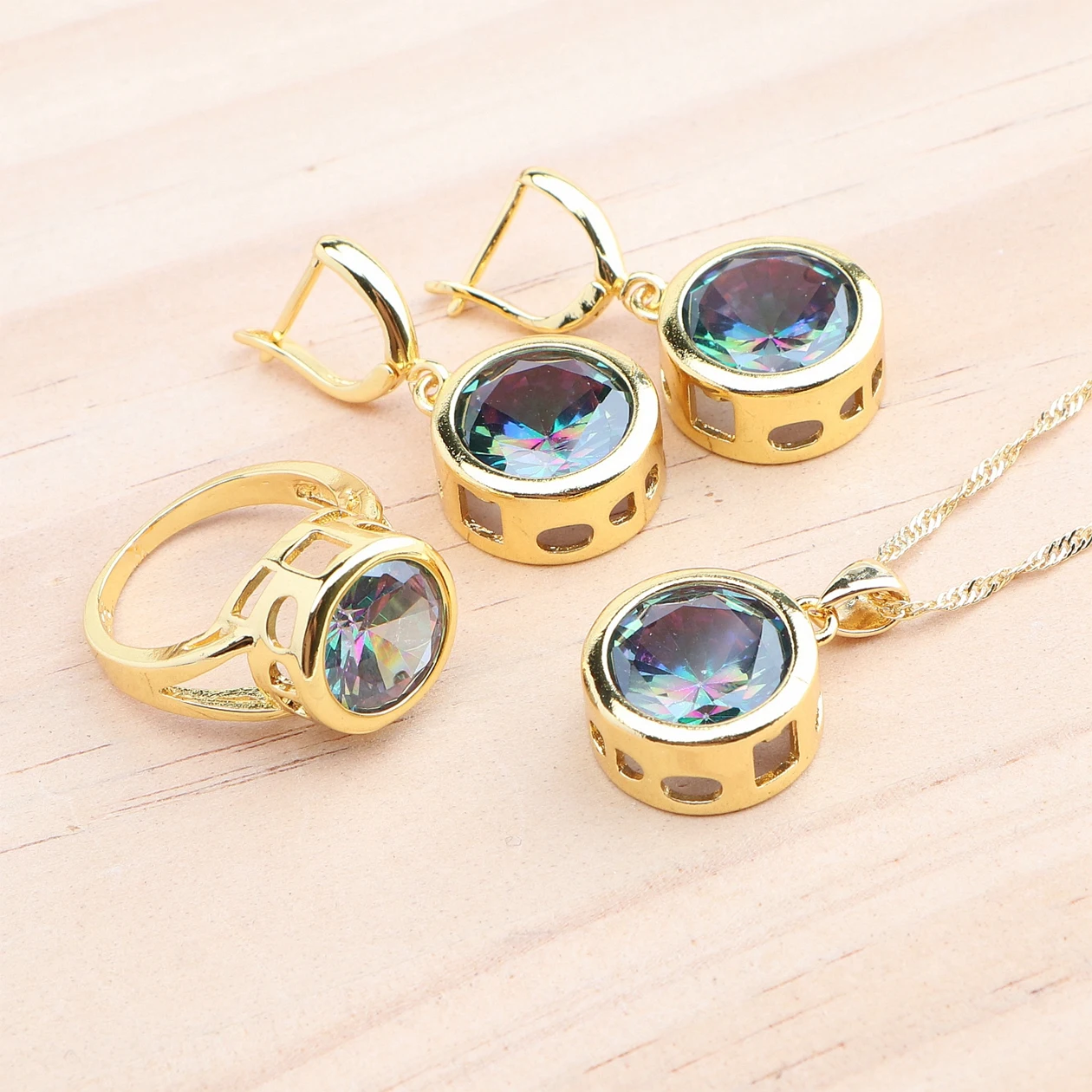 925 Silver Gold Color Jewelry Sets Magic Rainbow Zircon Bridal For Women Wedding Rings Bracelets Earrings Pendant Necklace Set