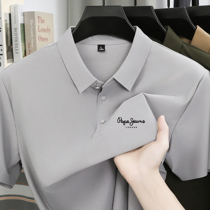 Summer Ice Silk Short sleeved Men's Polo Shirt High end Brand Printed Top New Comfortable and Breathable Casual lapel T-shirt