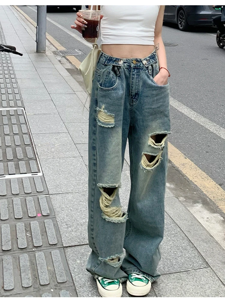 Women's Street Style Distressed Thin Jeans American Casual Multiple Hole Designs Trousers Female High Waist Straight Blue Pants