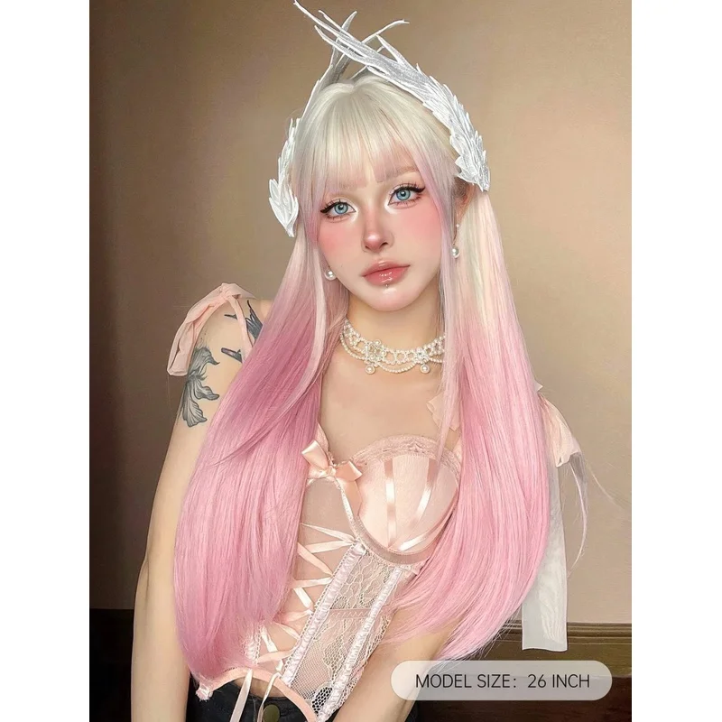 Ombre Light Pink Blonde Long Straight Wig with Bangs Synthetic Colorful Cosplay