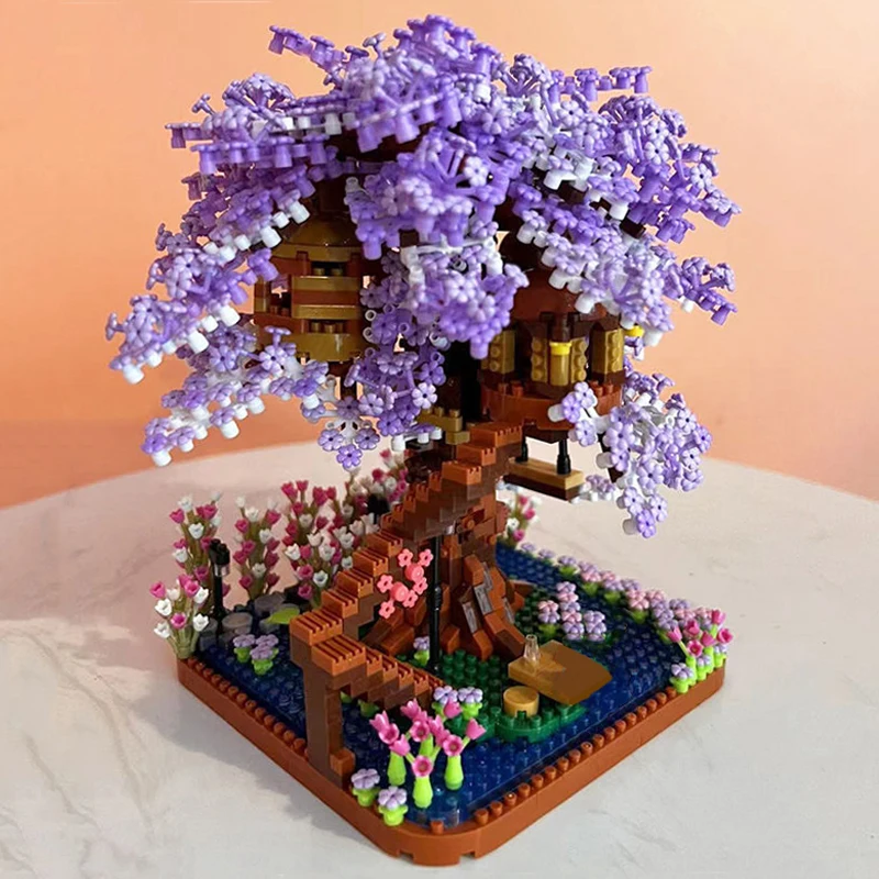 LHCX 7855 العمارة العالمية الأرجواني زهر الكرز شجرة ساكورا زهرة حديقة كتل الماس الصغيرة الطوب بناء لعبة لا صندوق
