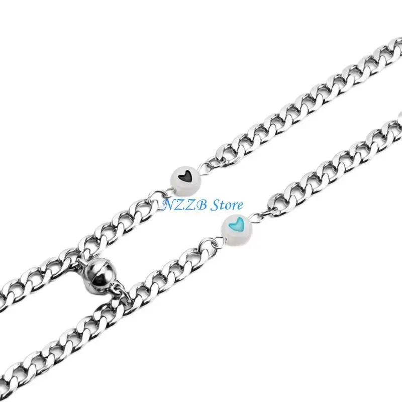 

T21F 2pcs/set Luminous Heart Beaded Bracelet for Couple Women Mens Adjustable Chain