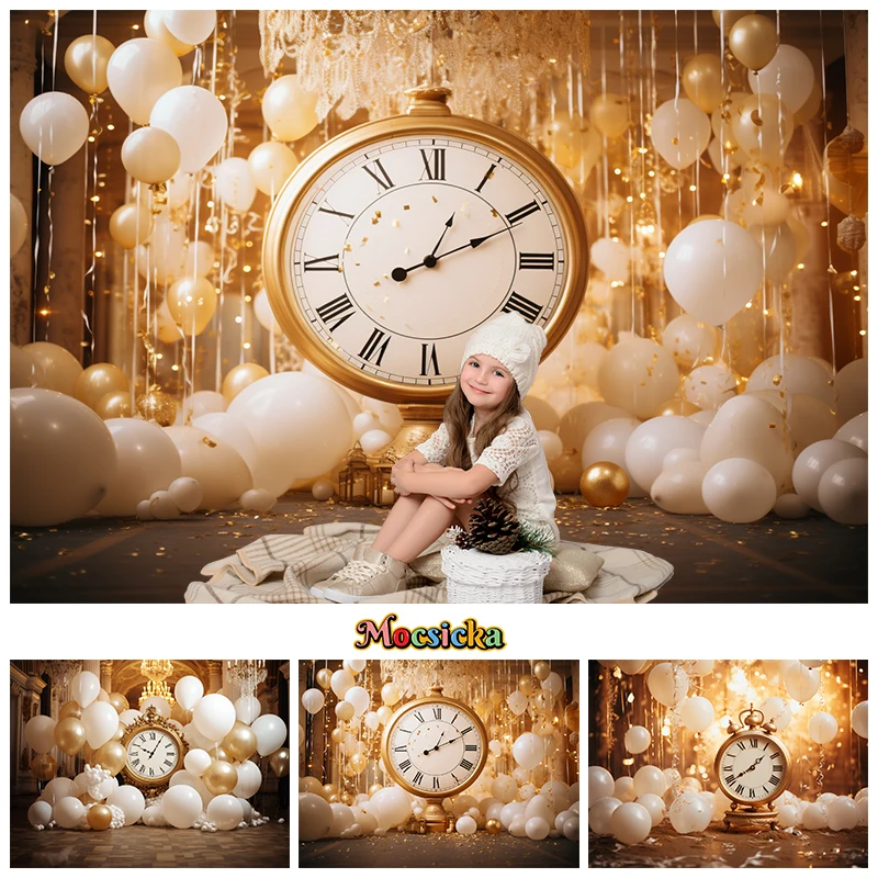 Fondo de fotografía de Feliz Año Nuevo, Fondo de cuenta regresiva de reloj dorado, globo blanco de Palacio, utilería de decoración de estudio fotográfico