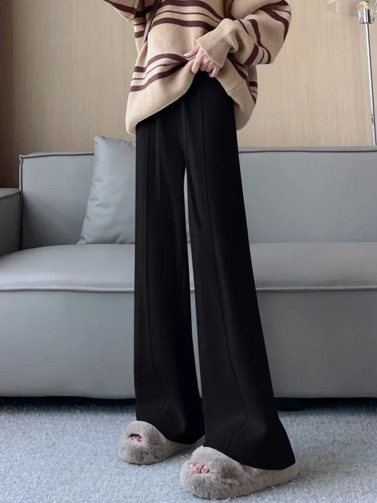 Knitted Lace-up High Waist Women Pants Simple Fashion Streetwear Straight Loose Casual Solid Color Female Wide Leg Pants