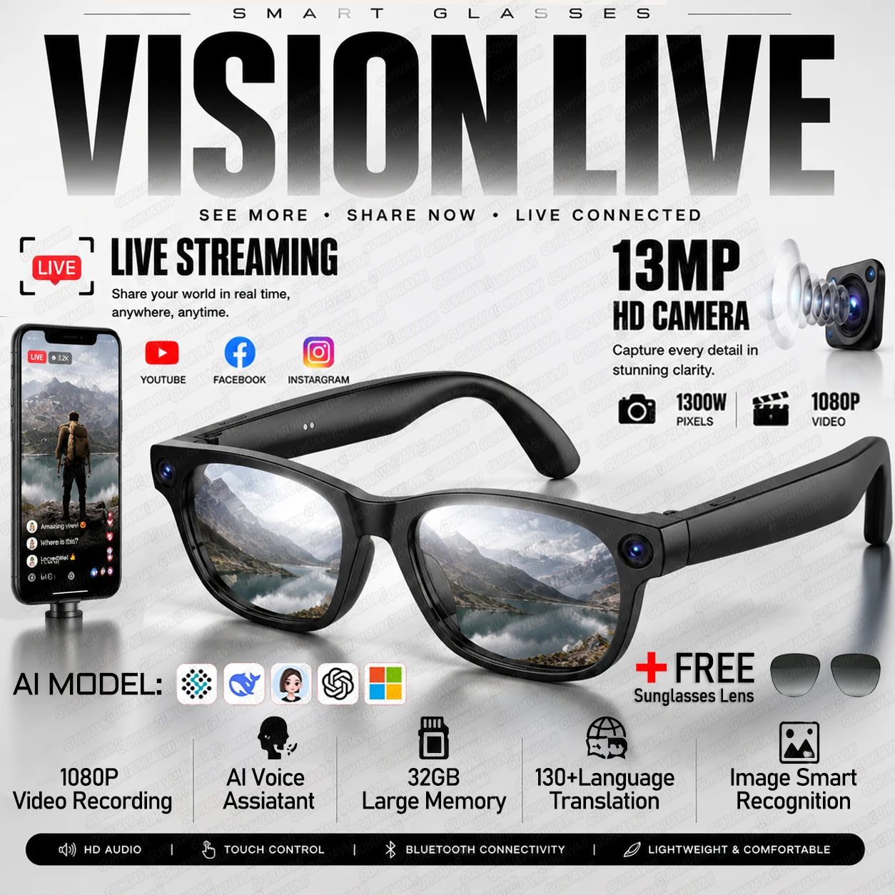 Lunettes Intelligentes à Commande Vocale IA avec Caméra 13MP, Vidéo HD, Diffusion en Direct, Contrôle Tactile, Traduction IA, Appel Bluetooth, Audio, Lunettes de Soleil pour Hommes
