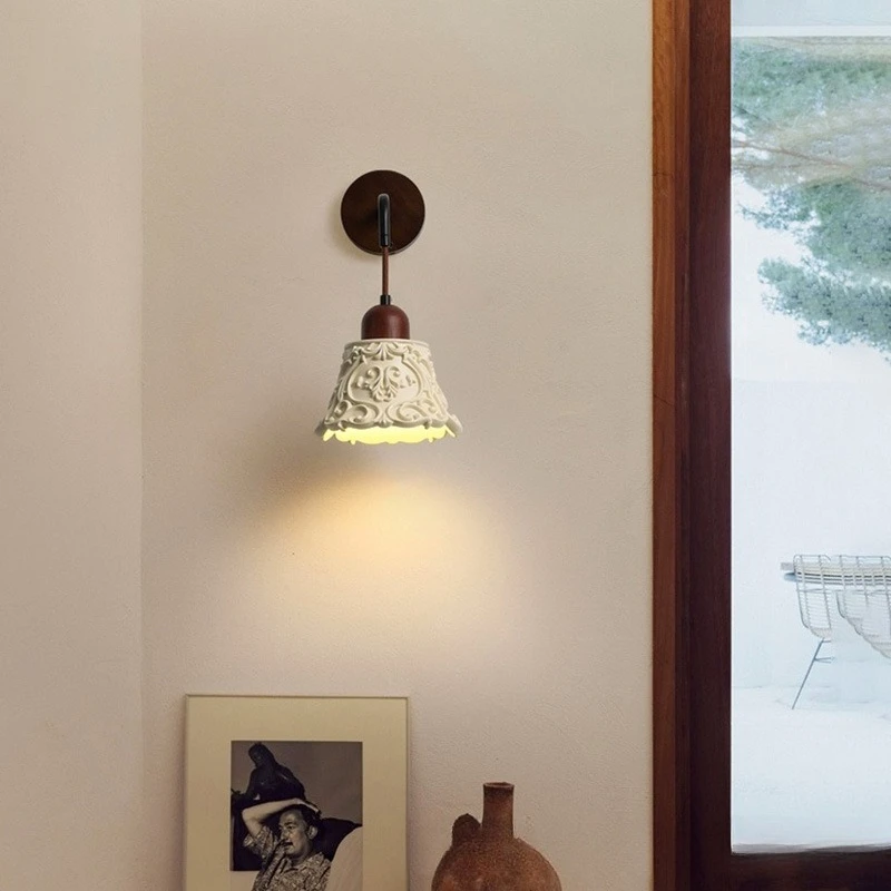 French medieval bedroom bedside lamp wall lamp retro cream wind creative resin pattern corridor aisle background wall lamp