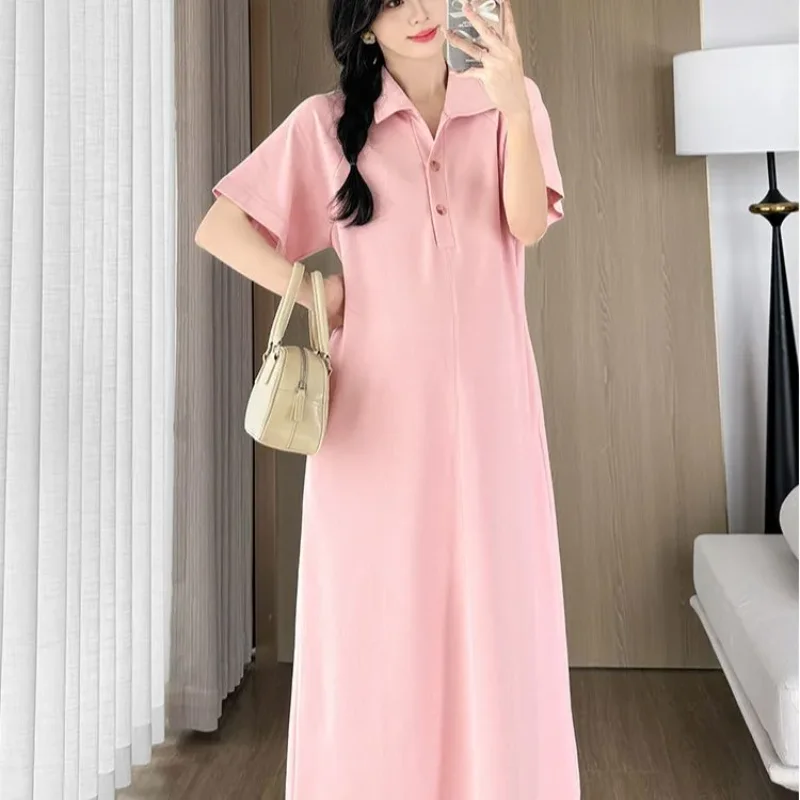 

Plus Size Polo Neck Dress Short Sleeve Casual Loose Midi Dress for Women
