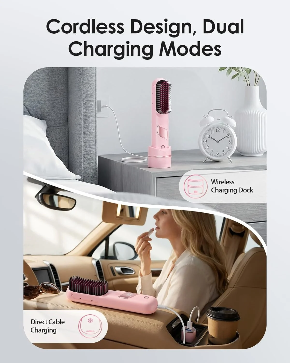 Mini Cordless Electric Hair Straightener Brush with 300M Negative Ions &10,000mAh Battery Heating Comb Straightening Hair Brush