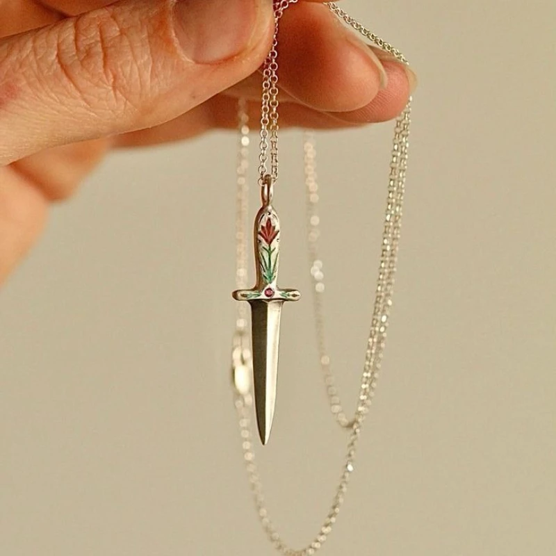 Vintage Silver Color Sword Pendant Necklace for Women Enamel Flower Dagger Necklace, Gothic Minimalist Jewelry, Valentine's Gift