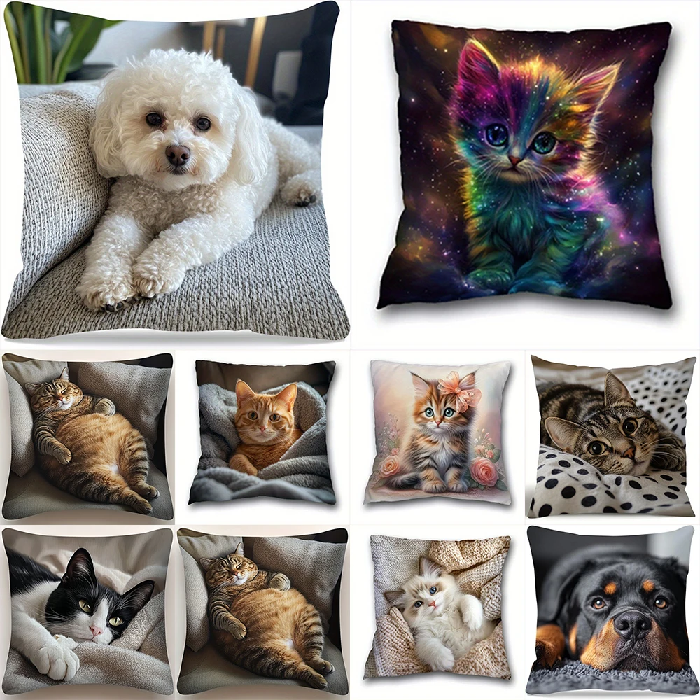 Short plush material pillowcaseAdorable Pet-Printed Cushion Covers: Dogs & Cats in Various Poses Sofa seat mattress cover,home d