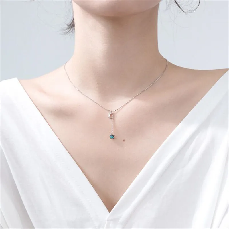 New Arrival Fresh Blue Crystal Star Temperament 925 Sterling Silver Jewelry Full Crystal Curved Moon Exquisite Necklaces  XL245