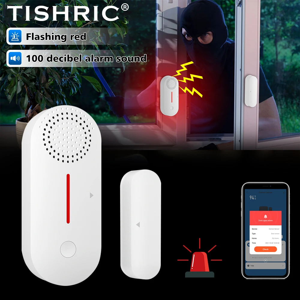 

TISHRIC Smart WiFi Door Window Sensor Sound Light Door Magnetic Alarm Smart Home Automation With Alexa Google Home SmartLife APP