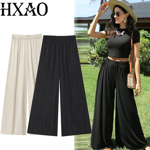 HXAO, pantalones de mujer, pantalones anchos holgados de verano para mujer, pantalones negros plisados de satén, pantalones fluidos informales de cintura alta, pantalones para mujer