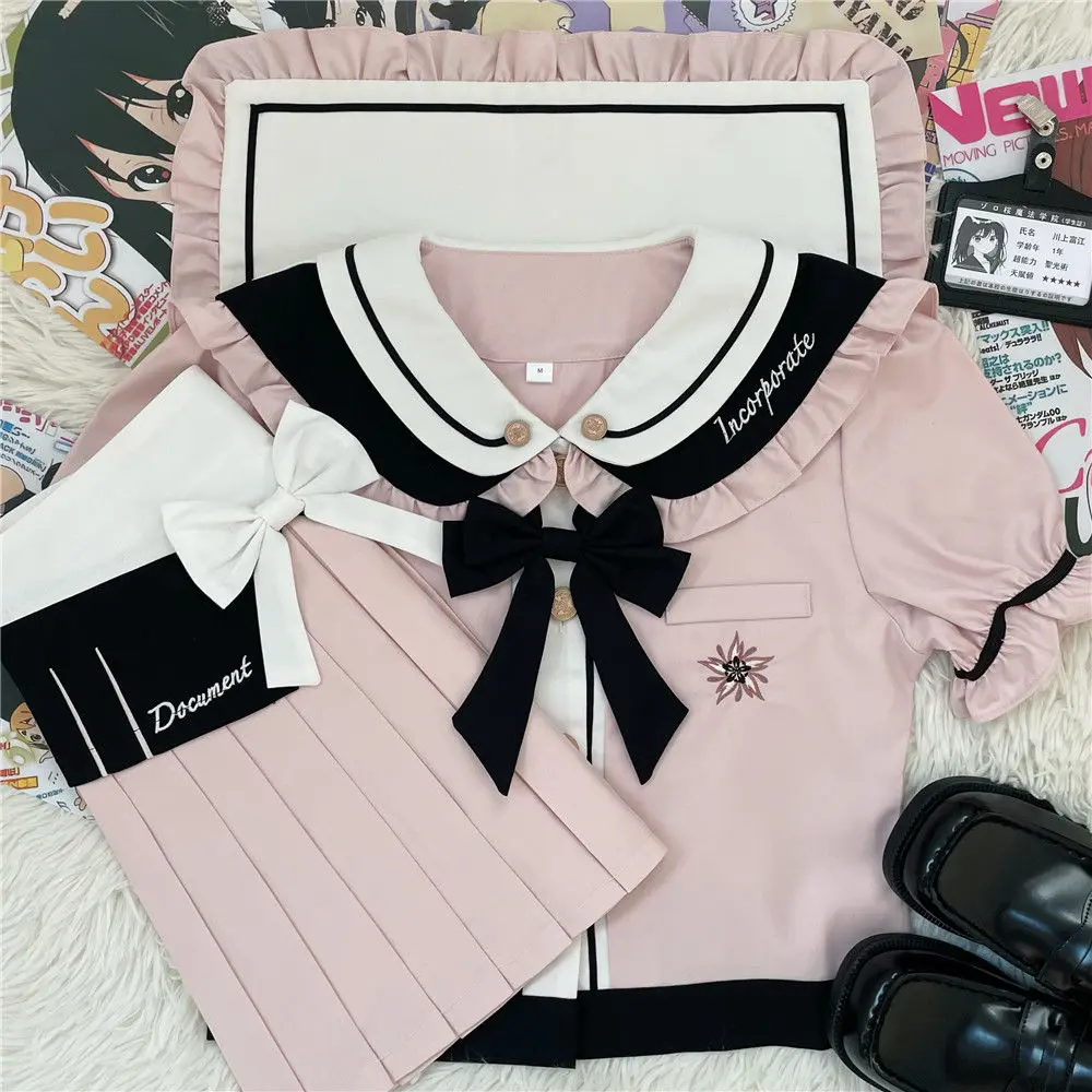 Uniforme Jk con mangas abullonadas bordadas con lazo rosa Original para mujer, pantalones de seguridad, lindo uniforme escolar para niña rosa, Falda plisada 2XL