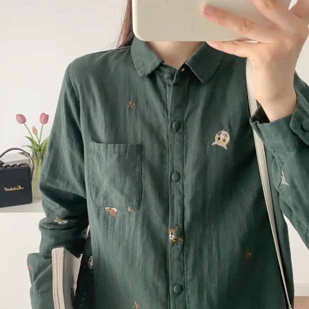 New Autumn Cotton Long Sleeve Shirts, Women Polo Collar Cat Embroidery Top, Mori Girl Casual OL Loose Blouses, Winter T48741QM