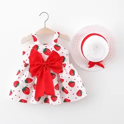 Summer Girls New Sling Dress Sweet Strawberry Big Bow Cotton Cloth Skirt Comes with Hat Suitable for 0-3 Year Old Babies