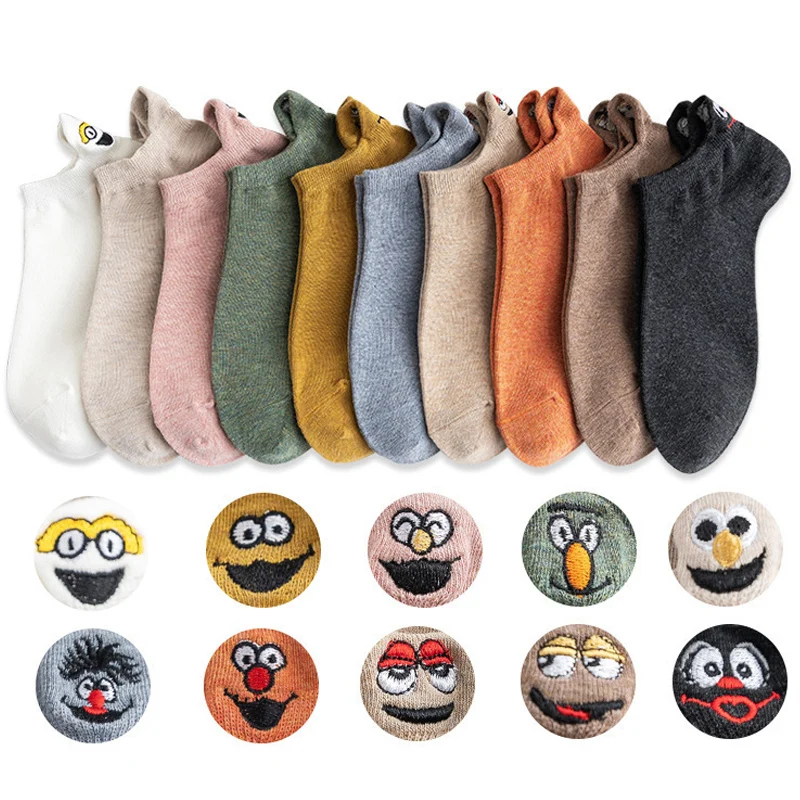 10 Pairs/Pack Cotton Women Socks Solid Color Casual Boat Ankle Female Socks Cute Embroidery Expression Funny Girl