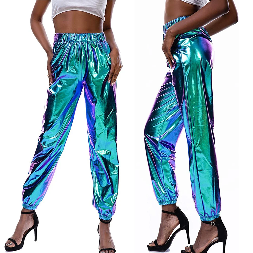 2022 High Waist Metallic Shiny Jogger Casual Holographic Color Pants Trousers Women Fashion Smoothy Reflective Streetwear Pants