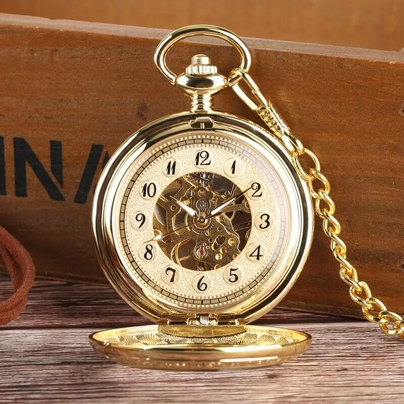 Men Vintage Mechanical Pocket Watch Windup Half Hunter Gold Arabic Numerals Gift