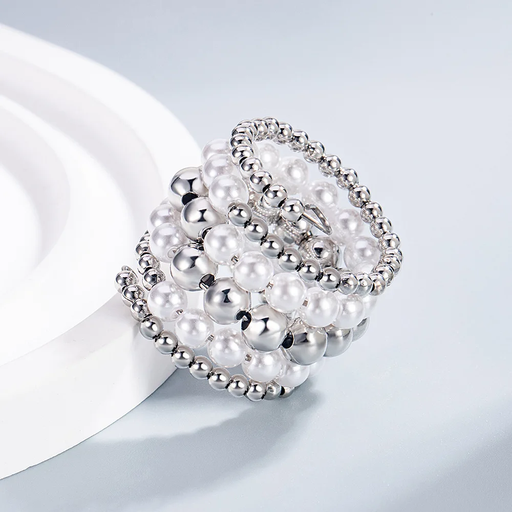 925 Sterling Silver Open Finger Ring Multi Layer Wrap Beaded Pearl Elegant Wide For Women Girl Jewelry Gift Dropship Wholesale