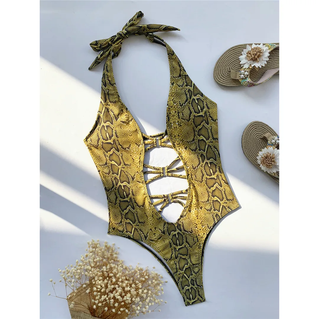 Neuer, aufregender Monokini-Badeanzug für Damen mit Schlangenhautmuster, einteiliger Badeanzug, figurbetonter Schnitt, Badebekleidung, Badeanzug für Damen, V3056. – Detail 26