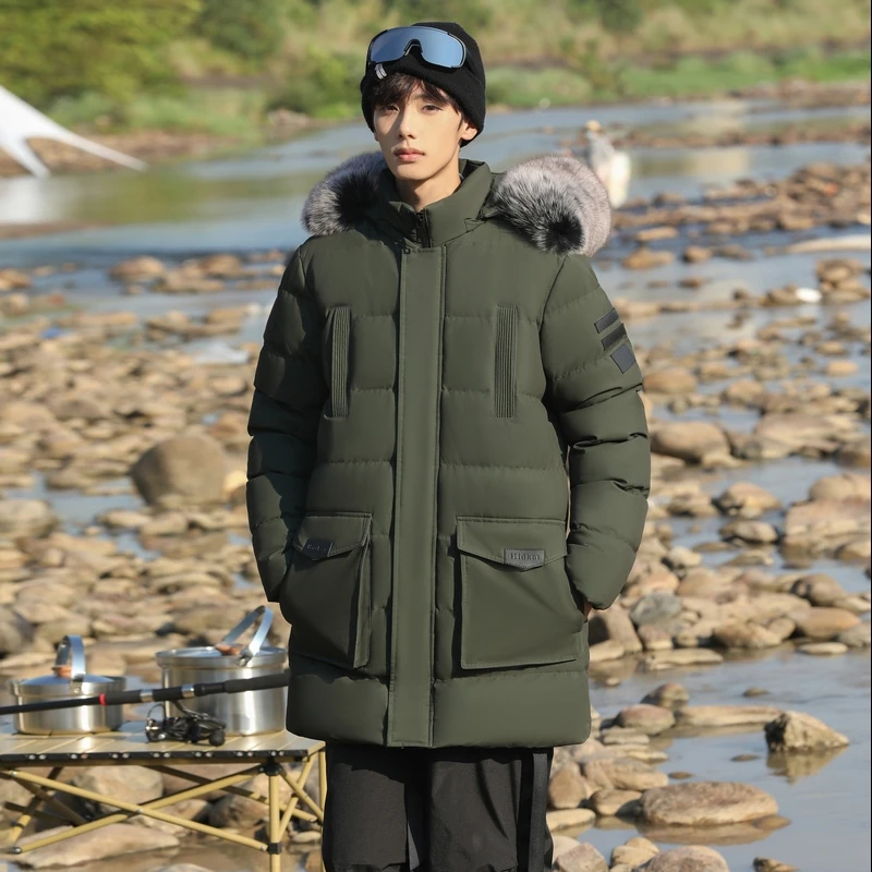 

2025 Winter Thiened Large Size Cotton Jaet Men's Loose Fit Hooded Coat with Fur Collar Youth Faion Stand Sle