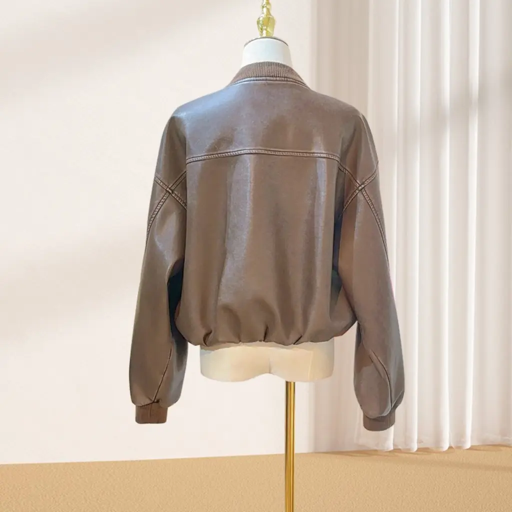 เสื้อแจ็คเก็ตหนัง PU สีน้ำตาลสำหรับผู้หญิง สไตล์วินเทจ แฟชั่นฤดูใบไม้ร่วงและฤดูหนาว เสื้อคลุมลำลองสำหรับสุภาพสตรี