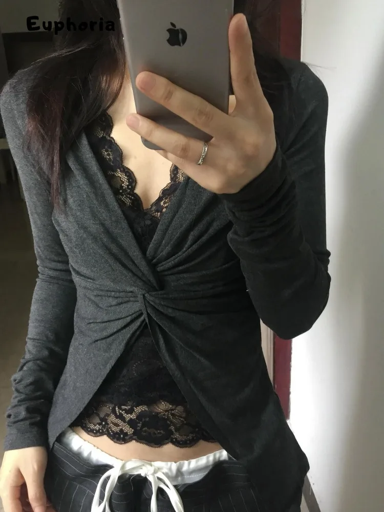 تي شيرت نسائي مثير غير رسمي من Euphoria تي شيرت مرقع من الدانتيل الأسود على طراز النادي Hotsweet بأكمام طويلة تي شيرت علوي