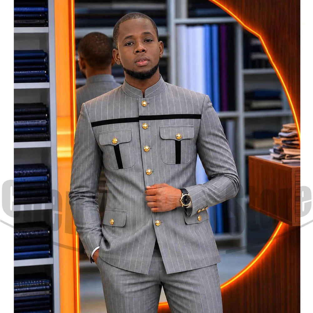 Men Fashion Striped Stand Collar Suit Luxury Gold Buttons Blazer With Contrast Trim Pants 2 Piece Suits For Party Business