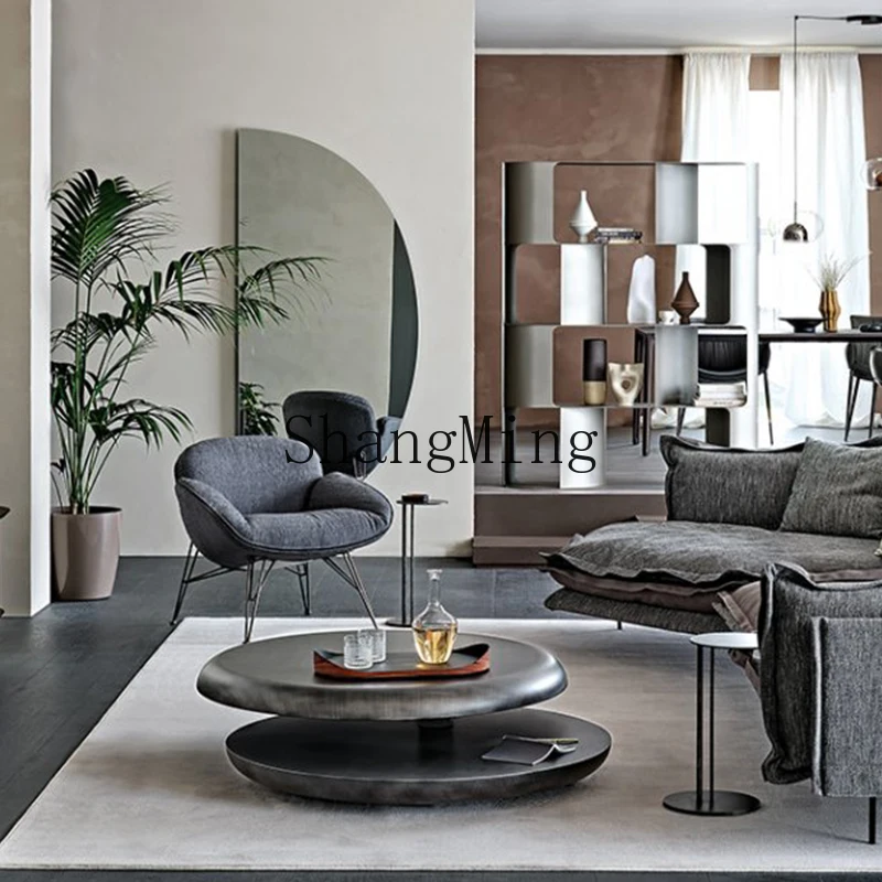 SM minimalist rotating coffee table round light luxury retro brushed metal wind advanced double-layer tea table