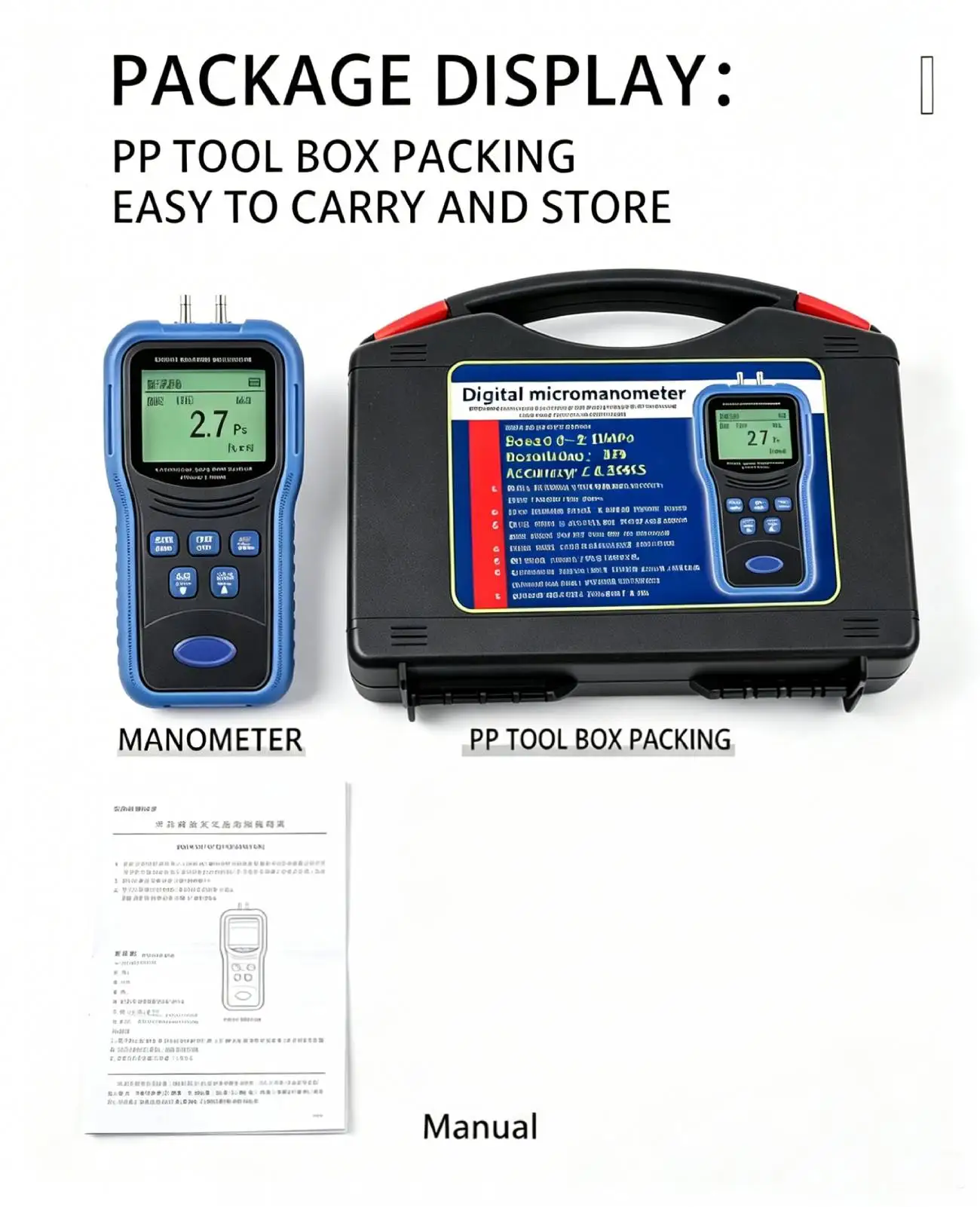 Digital Differential Pressure Manometer ±10KPa HVAC Air Velocity Meter Data Logging 12 Units Backlit LCD Dual-Port Manometer