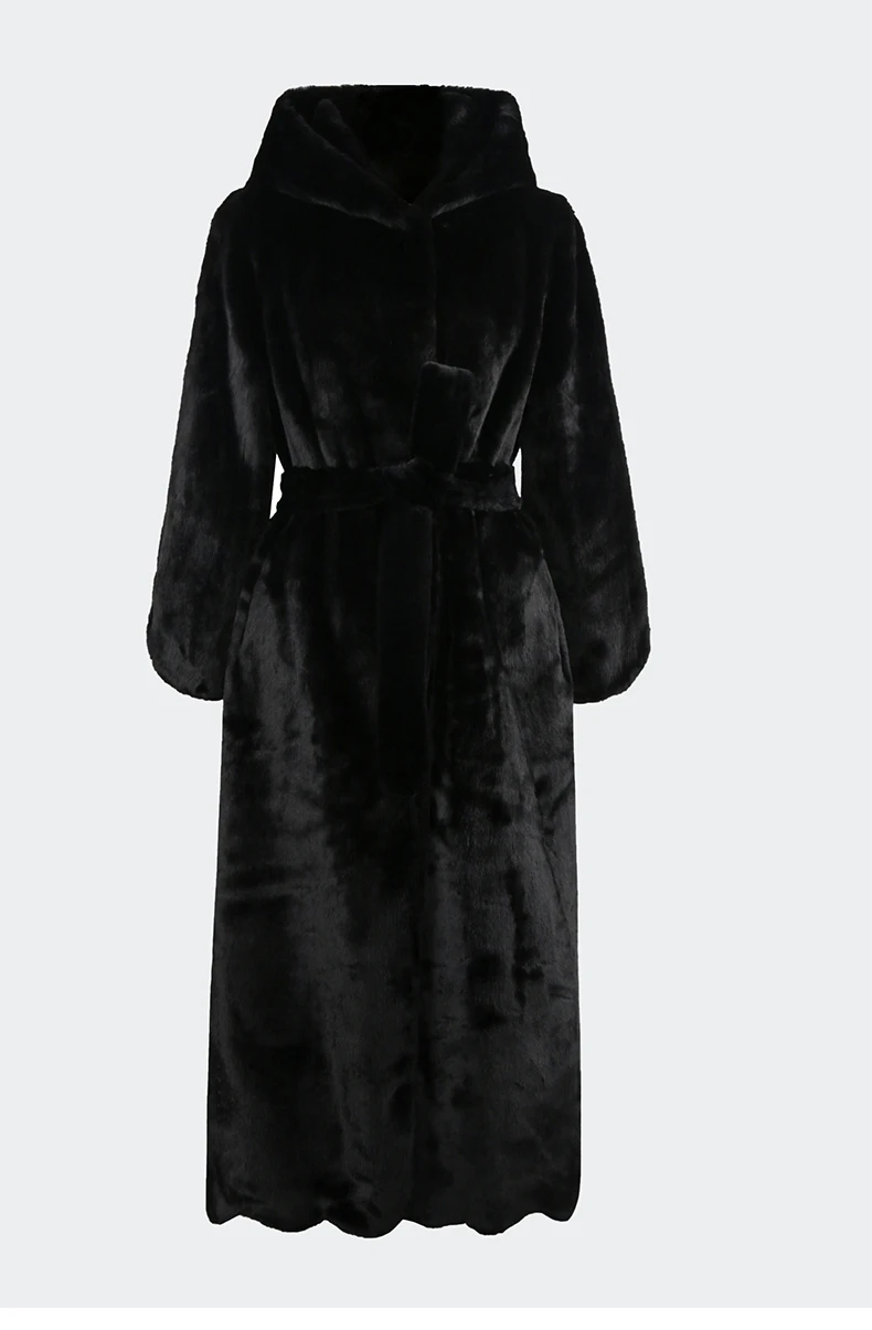 Nerazzurri Autumn Winter Extra Long Luxury Elegant Thick Warm Black Soft Fluffy Faux Rex Rabbit Fur Coat Women with Hood Sashes