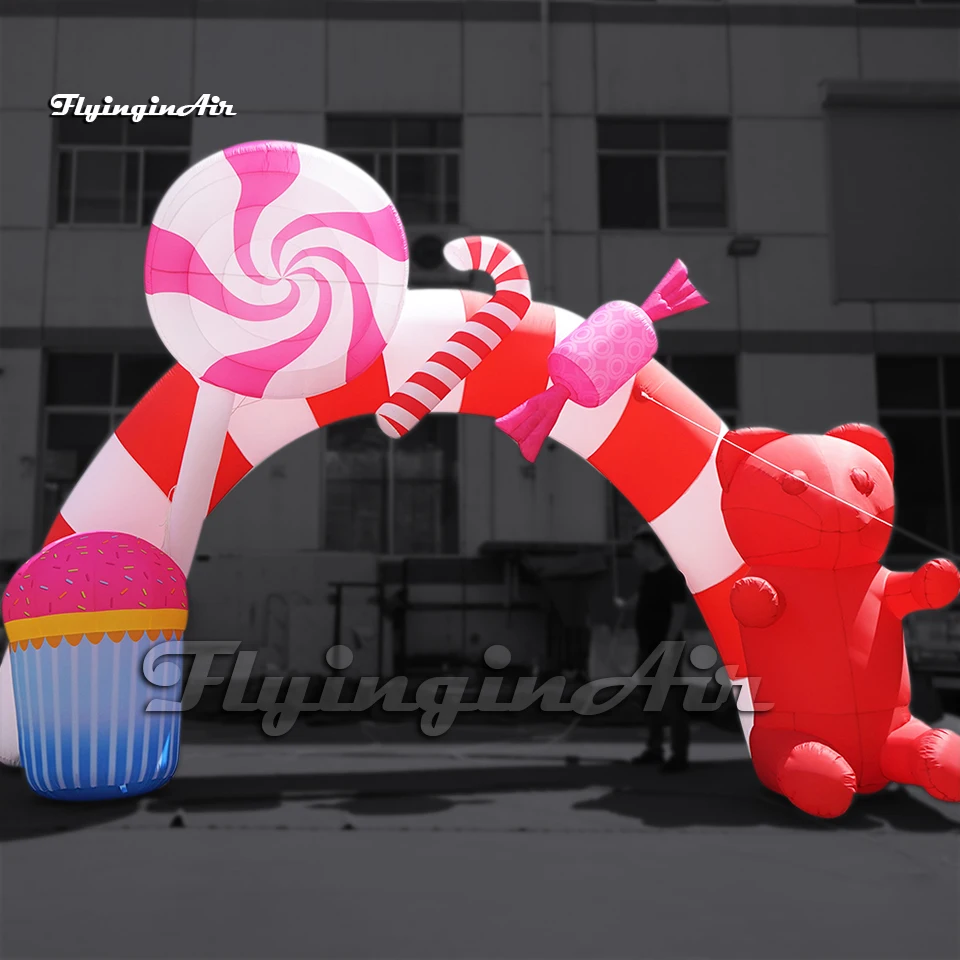 

8m Length Outdoor Christmas Arch Inflatable Candy Entrance Gate With Cake And Bear For Event