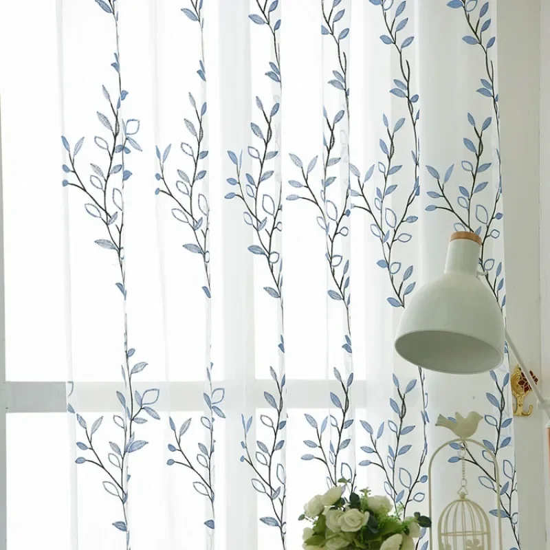 

Custom American Country Solid Colour Thickened Curtains for Living Dining Room Bedroom Window Blue Embroidery Gauze Curtains