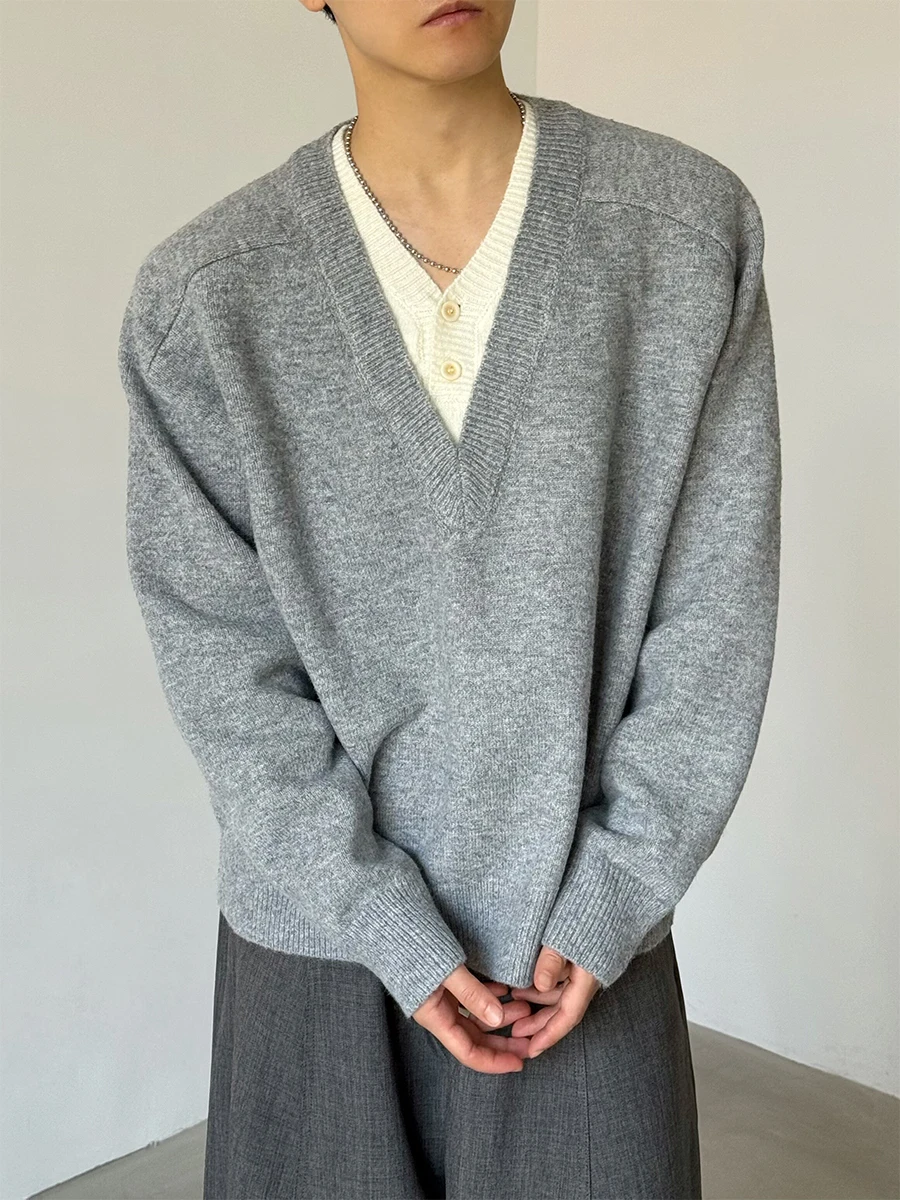 

Loose Fit V-Ne Knitted Sweater Men's Autumn Winter Casual Sle Color T-irt Design Full Sve Warm Polyester Fiber