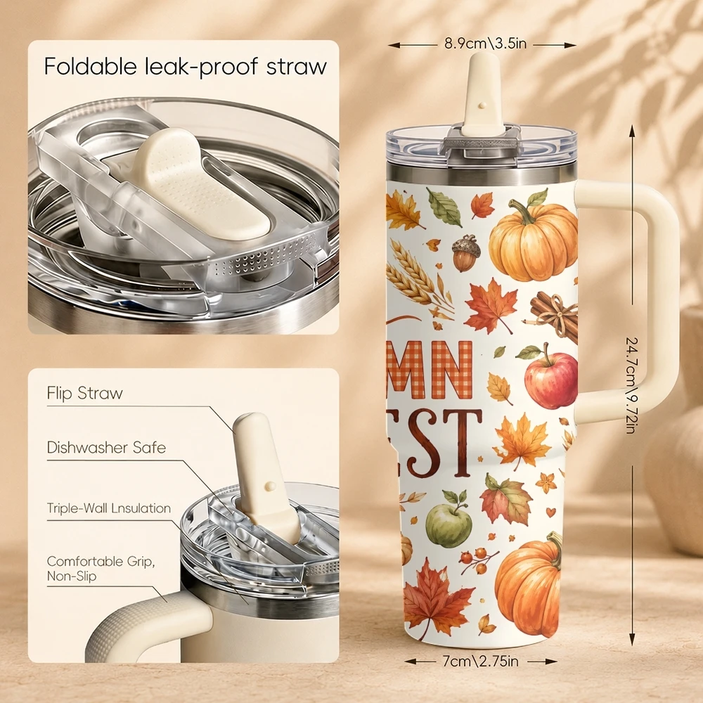 Hello Fall Pumpkins Leaves Thanksgiving Vacuum Flasks 40oz Thermal Tumbler Stainless Steel Insulated Water Portable Mug Cup