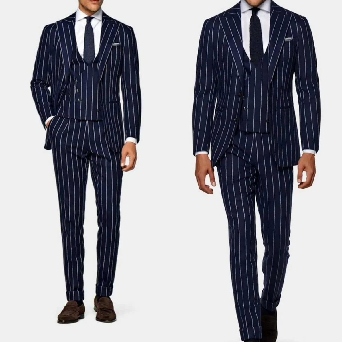 Formal Wedding Tuxedos 3 Pcs Pinstripe Business Men Suit Classic Fit Peaked Lapel Evening Groom Party Outfits Customized