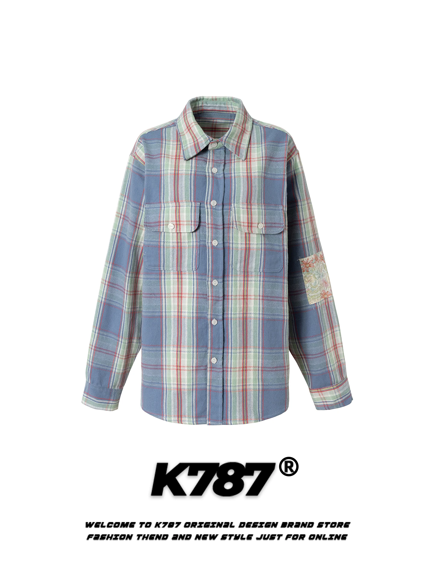 

K787 American Retro Plaid Color Blo Long Sve Loose Casual irt ex INS Trendy Brand irt Jaet Youth ular Cotton