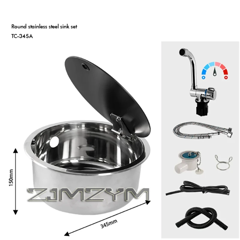 RV Sink With Faucet for Caravan Stainless Steel Hand Wash Basin Round & Square Sink with Tempered Glass Lid Camper Accessories