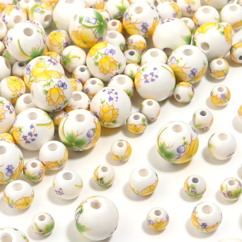 20-30pcs 6/8/10/12mm Jingdezhen Ceramic Beads Light Yellow Flower Round Loose Beads For DIY Jewelry Making Bracelets Accessories