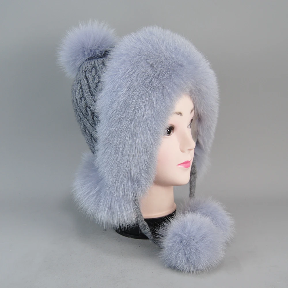 Women Autumn Winter 100% Real Fox Fur Bomber Hat Thick Female Fluffy Pompom Outdoor Warm Windproof Earflap Trapper Snow Ski Caps