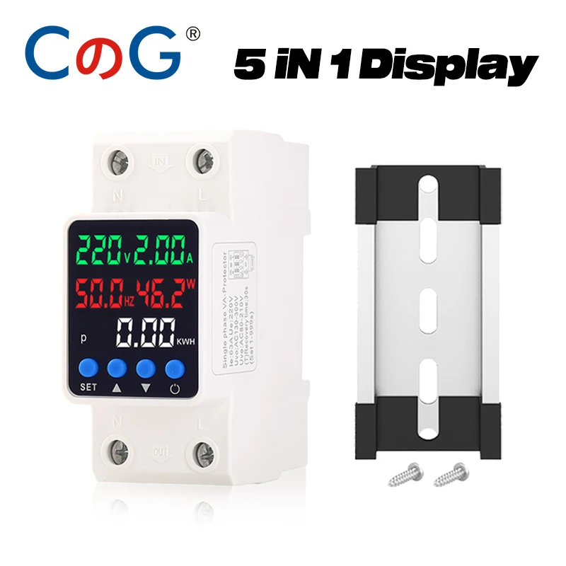 CG 5 in 1 Digital Display Din Rail Over Under Voltage Current Protector AC 220V 63A with Energy Metering and Power Monitoring