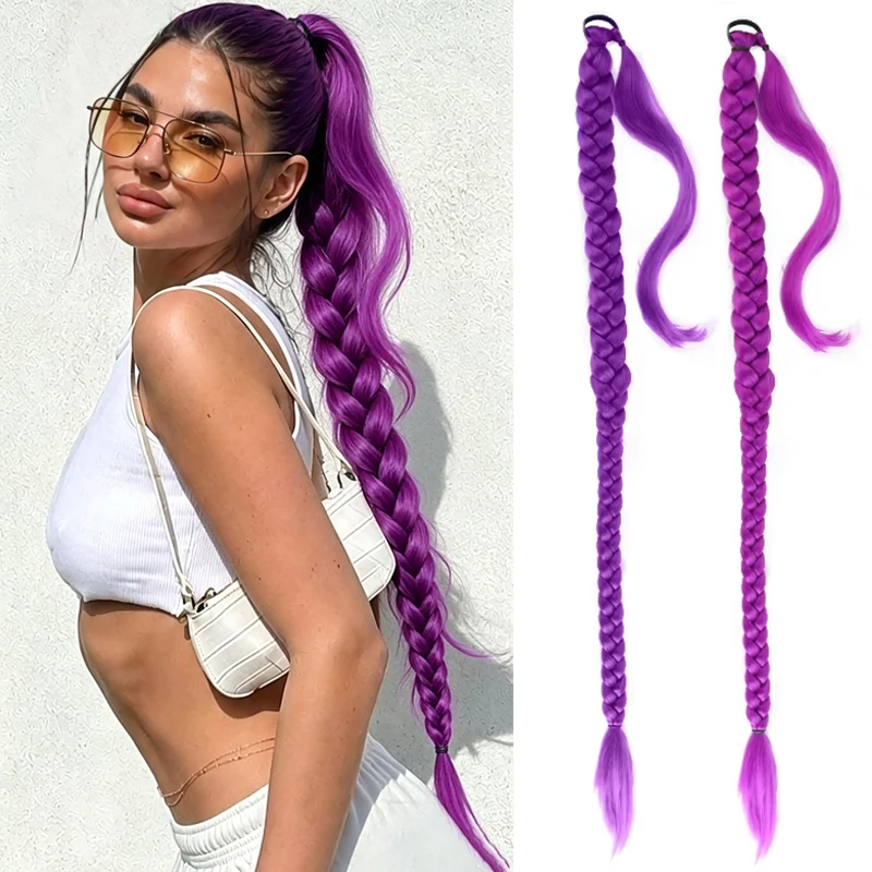 Purple Braiding Ponytail Hair Extensions for Women Synthetic Braiding Hair With Rubber Band Long Ponytail Wrap Around Hairpieces