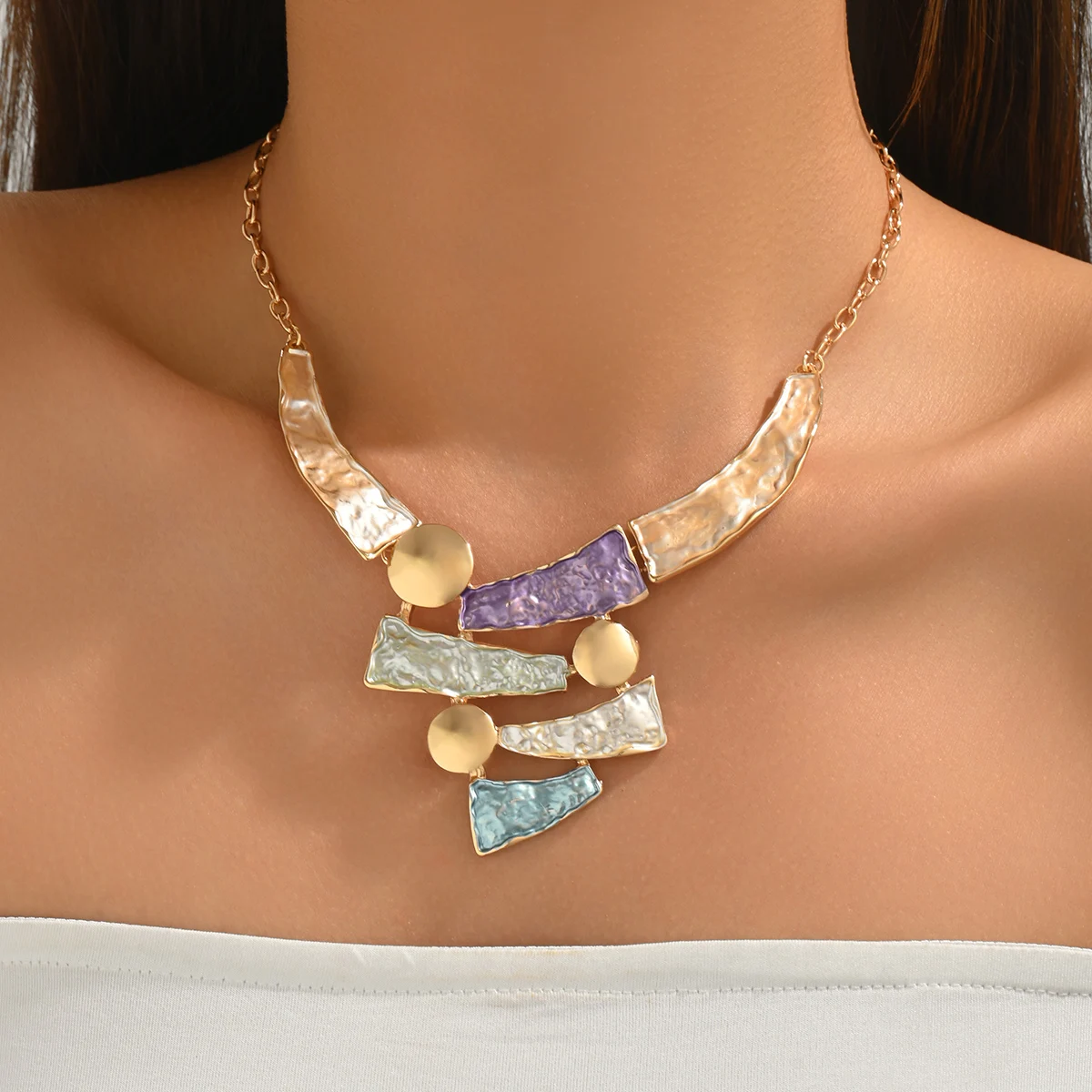 Boho Colorful Enamel Geometric Bib Necklace Hammered Statement Jewelry for Women Beach Vacation Party Daily Wear
