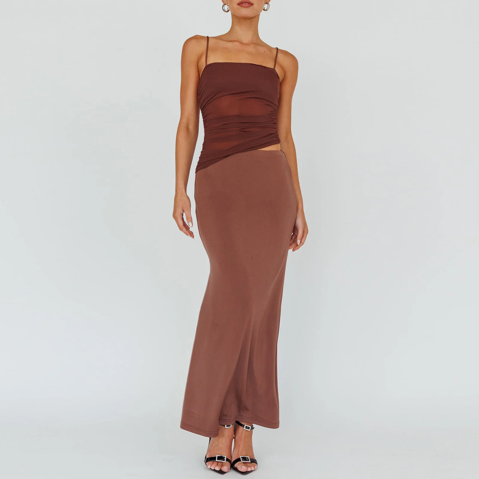 Donne Mesh Sheer Folds irregolare Backless Crop Camis top + Maxi gonna aderente Sexy Lady 2 pezzi outfit Club Party Streetwear